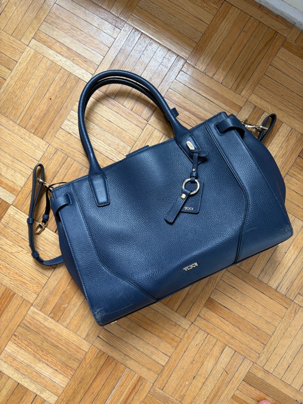 Tumi Navy Pebbled Leather Laptop Bag with Gold Hardware